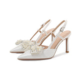 Detachable Wedding Shoes Zapatos Mujer Saltos Bow Lace up Strappy Ankle Pearl Strap White Wedding Heels for Bride