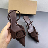 Brown Retro Faux Suede Women Backless Slingback Mule Heels Sandals Pointed Toe Slim High Heel Fashion Sandals