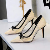 New Spring Autumn Women Pumps Pointed Toe Thin Heel Sweet Mesh Shoes Elegant Bow-knot Shallow Slip-on High Heels