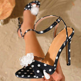 Sandalias Mujer Vintage Polka Dot Pattern Sandals Fashionable White Flower Decor Ankle Heels Sexy Open Toe Dress Shoes Ladies
