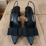 Women Pointed Toe Bow Slingback Heels Elegant Patent Leather Block Heel Sandals Pumps Chic Evening Party Shoes Dressy