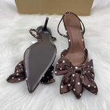 Women's High-Heel Sandals Satin Material with Bow Decoration, Pointed Toe, Stiletto Heel, Backless Slide Design