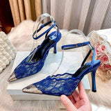 2026 New Arrival Elegant Pointed Toe Stiletto Ankle Strap Sandals Pink Lace Slingback Heels for Women