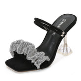 Zandalias Women Two Ways of Wearing 34-46 Glitter Rhinestone Talon Femmes Summer Slippers Sandal Shoes Square Toe Mules Heels
