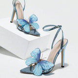 Women's Pointed-toe 3D Butterfly Stiletto Heel Sandals - Blue Color Ladies Elegant High Heel Pumps