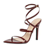 Ladies' Multiple Single-Strap Cross Ankle-Strap Pointed-Toe Women Sexy High Heel Sandals - Burgundy Extra-High Heel Footwear