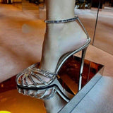 Sendal Wanita Luxury Rhinestone Toe Design Lace up 2025 Women Sandal Heels