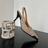 Elegant Women Tweed Slingback Pumps Pointed Toe with Metal Cap 7.5CM High Heels Professional Office Dress Shoes for Work
