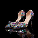 Women'S Colorful Rhinestone Pointed Toe Stiletto Heeled Sandals Hollow Side Design Ball Decor Party Wedding Dress Pump Shoes