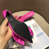 Hot Pink 2026 New Fashion Pointy Toe Silk Low Heels Sandal Women Slip on Mules