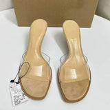 Summer Women's Stiletto Heeled Mules - Open Back Clear Strap Slip-onwith Lucite Heel Sandals