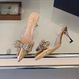 Fashion Ladies Pointed Toe 7.5CM Heel Rhinestone Butterfly Knot Transparent Ankle Strap Bridal Prom Shoes Heels