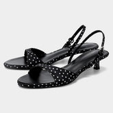 Retro Chic Women's Kitten-Heel Mules Black-White Polka-Dot Buckle Heeled Sandals for Ladies