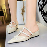 Summer New Pointed Toe Solid Color Shoes Pearl Slippers Women Simple Comfortable Heels