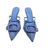 Summer Pointed-Toe Women's Blue Heeled Sandals, Fashion Faux Suede Square-Buckle One-Strap Backless Style