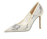 2025 New Lace Glitter Women Pumps Shallow Mouth Mesh Hollow Party Single Shoes Stilettos Pointed Toe Pumps High Heels
