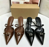 Chic Pointed Toe PU Leather Heeled Mules for Women Stylish Buckle Decor Low Heel Slingback Sandals Formal Work Shoes Black