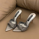 Fashion Rhinestone Heeled Sandals Women Pointed Toe Stiletto Mules Slip on Slide Sandals Sexy Bridal Prom Evening Shoes Heels