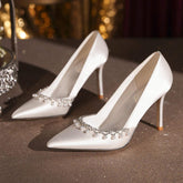 Elegant White Satin Pointed Toe Wedding Heels for Bride Luxury Faux Pearl Crystal Rhinestone Stiletto Prom Pumps Dress Shoes