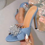Fashion Blue Denim Women Sparkling Rhinestone Flower Stiletto Sandals Sexy Party Dress Shoes Heels