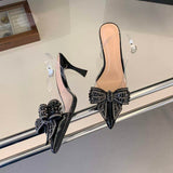 Fashion Ladies Pointed Toe 7.5CM Heel Rhinestone Butterfly Knot Transparent Ankle Strap Bridal Prom Shoes Heels
