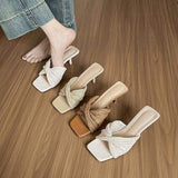 Women 2025 New Slide Sandals Cross Strap Heels Open Toe Slip on Summer Woven Slippers