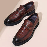 Premium Men's Leather Slip on Loafers With Horsebit Buckle Decor Chunky Anti Slip Platform Sole Formal Dress Shoes