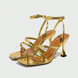 Women's Golden Snakeskin Print One-Strap Ankle-Strap High Heels Sandals with Plated Heel, Square Toe Sandalias Para Mujer