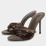 Women's High-Heeled Slippers Sandals with Beaded Sequins - One-Strap, Pointed-Toe, Slim Heel, Open-Toe, Outer-Wearable