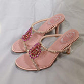 Scarpe Donna Tacco Alto Pink Rhinestone High Heel Mules Elegant Open Toe Slide Sandals Heels for Party & Wedding