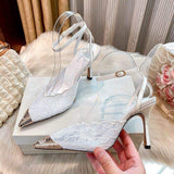 2026 New Arrival Elegant Pointed Toe Stiletto Ankle Strap Sandals Pink Lace Slingback Heels for Women
