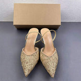 Fashion Lace Embroidered Womens Mule Flats Pointed Toe Back Slip on Comfortable Dress Shoes Ladies Heeled Sandals