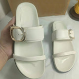 Quality Buckle Square Toe Women's Leather Flat Sandals for Ladies