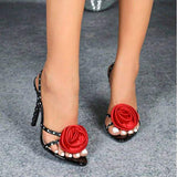 Ladies' 3D Floral Embellished & Polka Dot Cross Strap Ankle-Strap Pointed-Toe Gorgeous Women Black High Heel Sandals