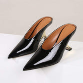 Pointed Toe Sandalias Mujer Tacon Alto Shiny PU Leather Trendy Slippers Mules Shoes Heels for Ladies Women 2024