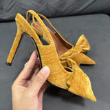 New Style Women's Yellow Velvet Bow-Embellished Pointed-Toe Mule High-Heel Fashion Sandals Quality Ladies Shoes