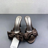 Elegant Women Satin Mules With Oversized Bow Knot Sexy Stiletto High Heel Sandals for Wedding Party Evening Dress Shoes