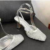 Sandalias De Tacon Rhinestone Mesh Fashion Slippers 2025 Summer & Spring Women Heels