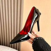 Metal Buckle 8CM/10CM Chaussure Talons Trending Black Patent Leather Pointed Toe Red Insole Slip-On Pumps Heels for Ladies