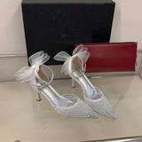 New Elegant Rhinestone Stiletto Heels Mesh Detail Bow Wedding Party Women Sandals