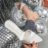 Women's Pointed-Toe Sexy Stone-Patterned One-Strap Stiletto Sandals Stylish White High Heels Shoes