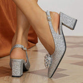 Glitter Pearl Flower Pointed-toe Women's Sexy Block Heel Sandals Silver High-heeled Shoes Pumps