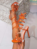 Women's Sparkling Rhinestone Floral High Heels Black Coiled Wraps Open Square Toe Elegant Sexy Heeled Sandals for Night Out Gala