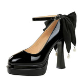 Women's High-Heel Platform Pumps with Double-Layer Waterproof Sole, Slip-On Buckle Strap and Large Back Bow