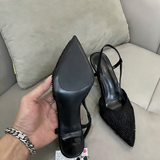 Women Pointed Toe Slingback Heels Sexy Mesh Rhinestone Stiletto Sandals Pumps Sparkly Beaded Evening Party Dress Shoes Black