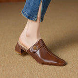 Women Genuine Leather Mules Square Toe Block Heel Slides Sheepskin Insole Breathable Comfort Professional Work Shoes Brown