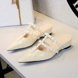 Summer New Pointed Toe Solid Color Shoes Pearl Slippers Women Simple Comfortable Heels