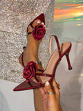 New Arrival European & American Trade Women's Pointed-Toe Flower-Embellished Stiletto Heel Ankle-Strap Sandals