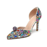 Women'S Colorful Rhinestone Pointed Toe Stiletto Heeled Sandals Hollow Side Design Ball Decor Party Wedding Dress Pump Shoes