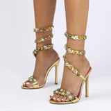 Ankle Wrap Lace up Chaussures a Talons Sharp Toe Luxury Sexy Diamond Gold Strappy Heels for Women
